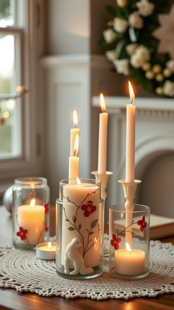 A cozy spring-themed candle holder setup with candles in decorative glass holders and a small animal figurine.