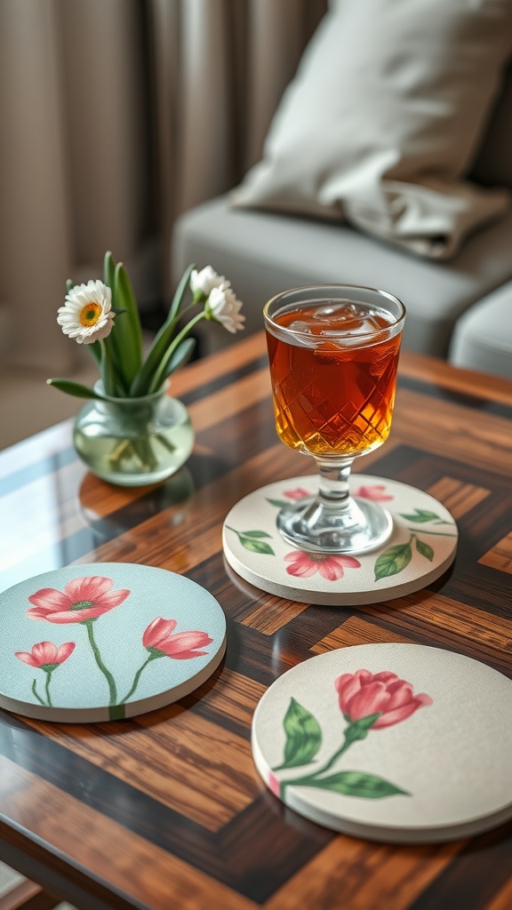 Spring-themed coasters on a table with a drink and flowers