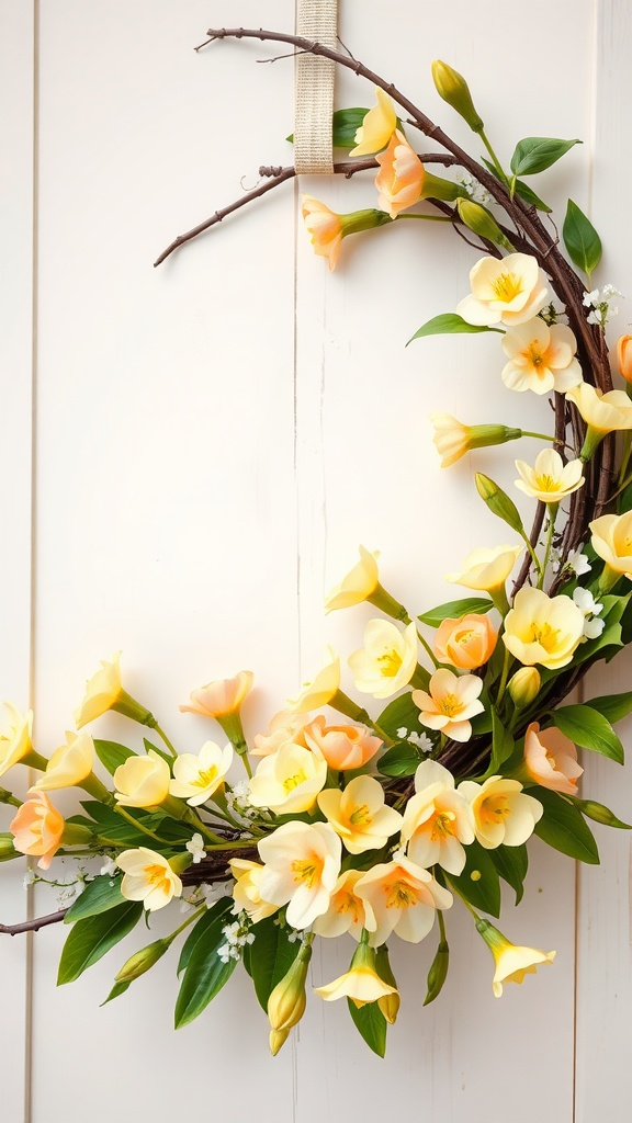 A spring-themed wreath featuring yellow and peach flowers on a twig base.