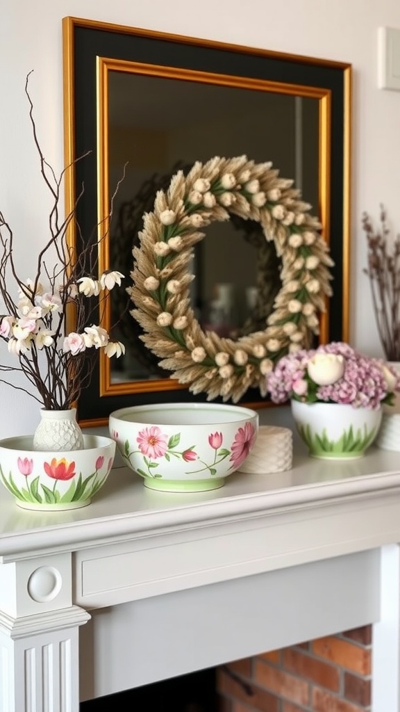 Spring-themed decorative bowls on a fireplace mantle with flowers and a mirror