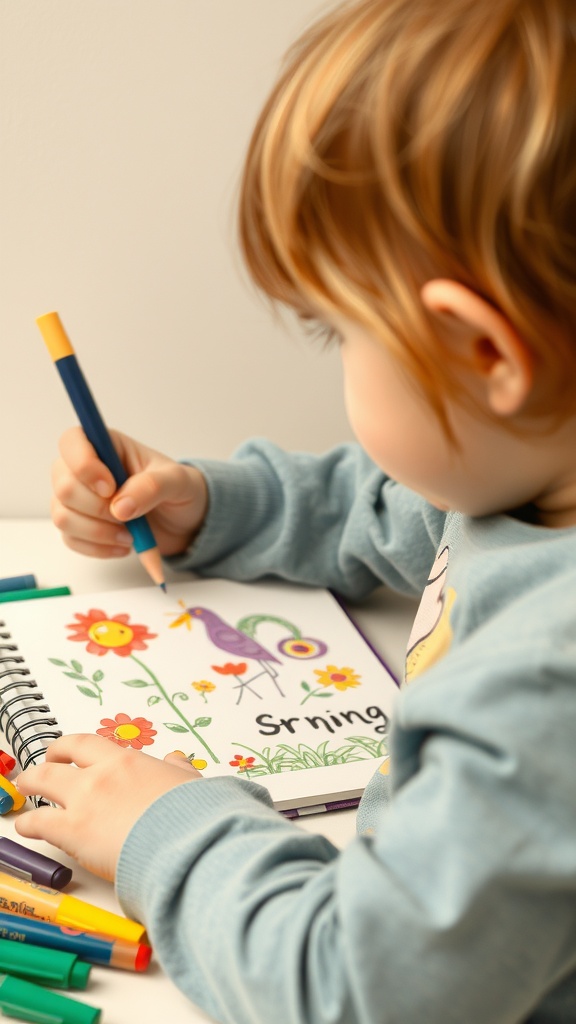 A child drawing spring-themed doodle art with colorful markers and pencils.