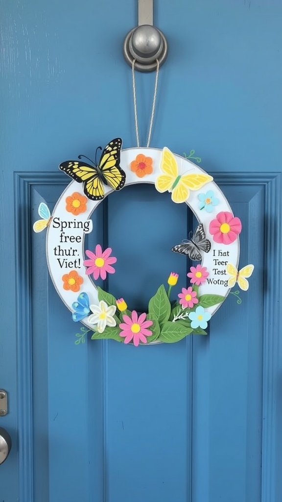 A colorful spring-themed door hanger with flowers and butterflies.