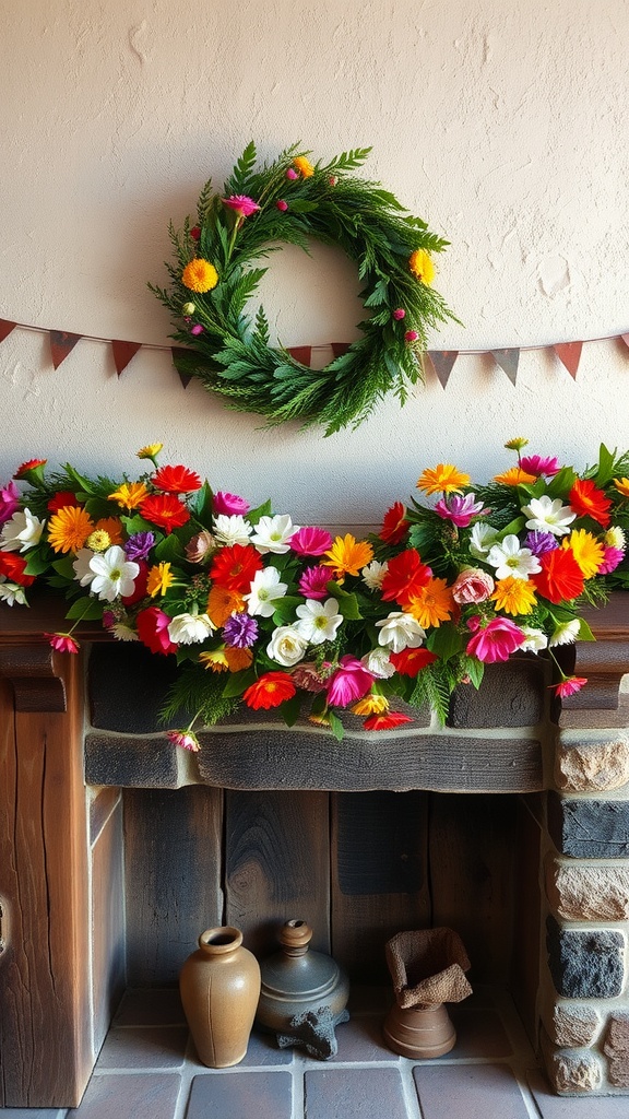 Spring-themed garland with colorful flowers and greenery on a mantel, complemented by a matching wreath above.