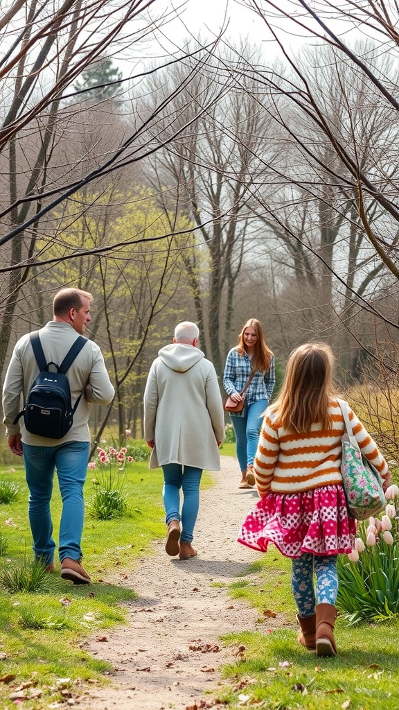 A family taking a spring-themed nature walk on a sunny day, surrounded by trees and flowers.