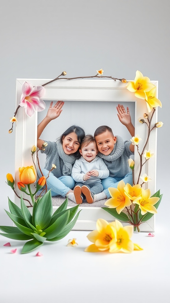 A spring-themed photo frame decorated with flowers and branches, showcasing a happy family picture.