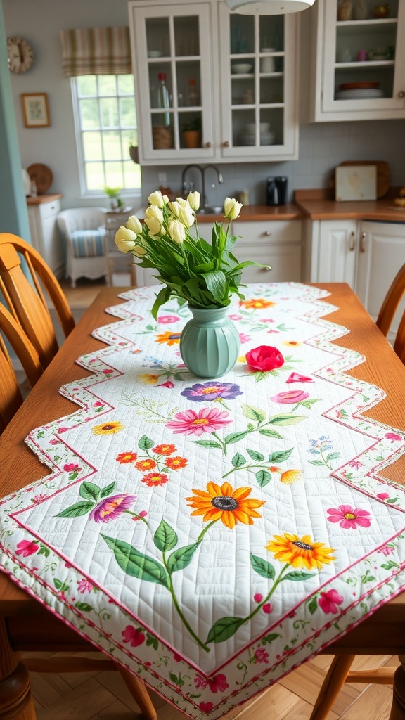 A spring-themed quilt table runner on a kitchen table, adorned with flowers in a vase.