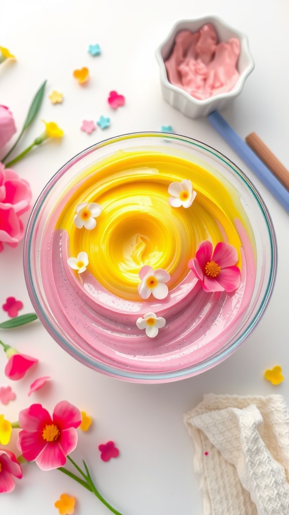 Colorful spring-themed slime in a bowl with flowers