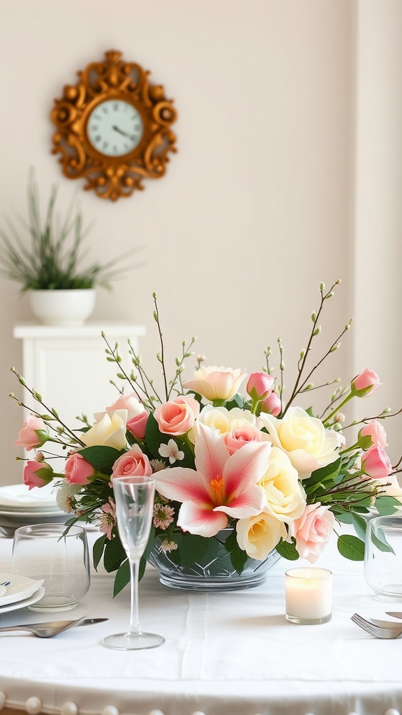 A spring-themed table centerpiece featuring a mix of pink roses, white flowers, and a pink lily in a glass bowl, set on a table with wine glasses and a candle.