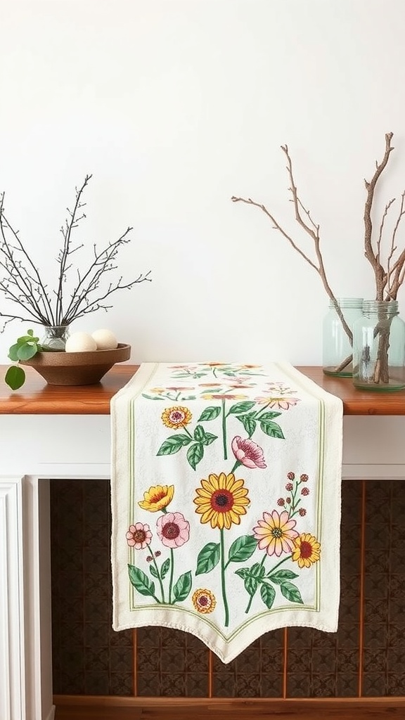 A spring-themed table runner with floral designs on a wooden table, surrounded by natural decor elements.