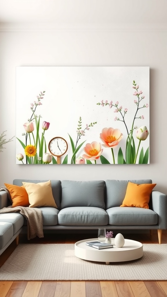 A vibrant spring-themed wall art featuring colorful flowers and a clock.