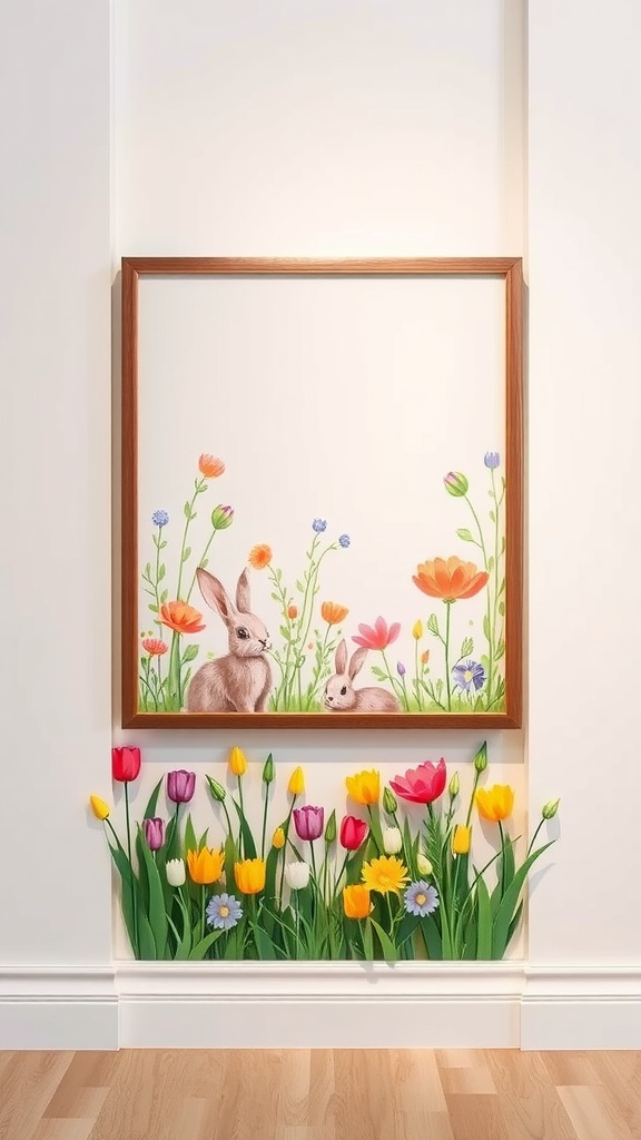 Spring-themed wall art featuring rabbits and colorful flowers