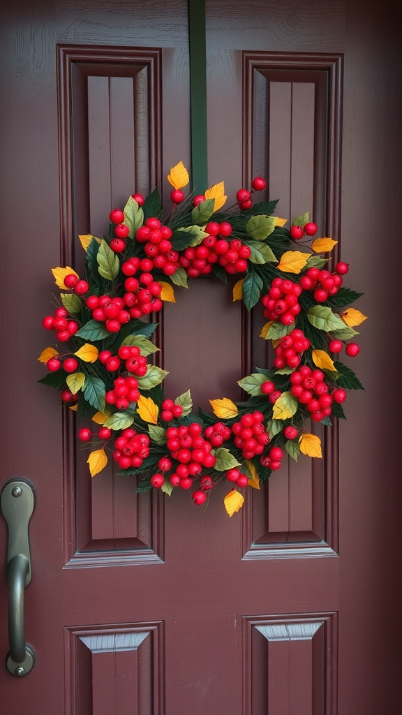 A vibrant spring wreath with red berries and green leaves, hung on a brown door.