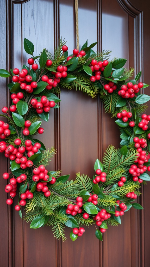 A colorful spring wreath with red berries and green leaves hanging on a wooden door.