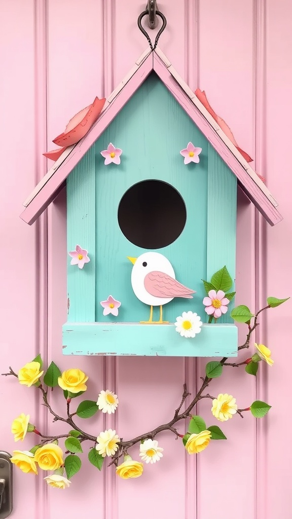 Colorful birdhouse decoration with flowers on a pink door