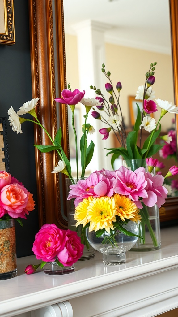 Colorful spring floral arrangements on a mantel