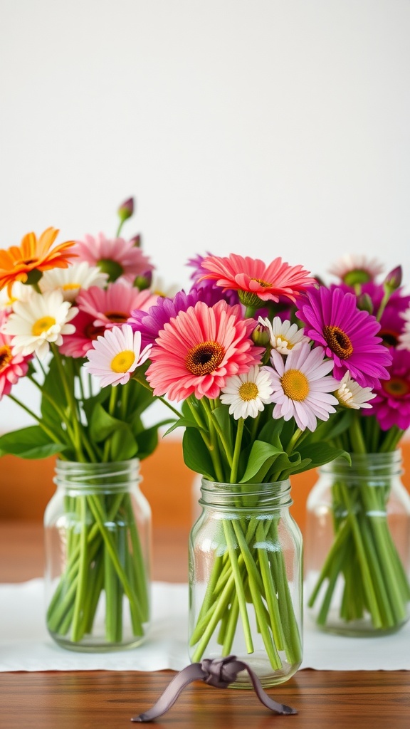 Colorful spring flower bouquets in mason jars