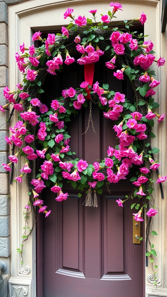 A vibrant pink flower wreath with greenery hanging on a dark-colored front door.