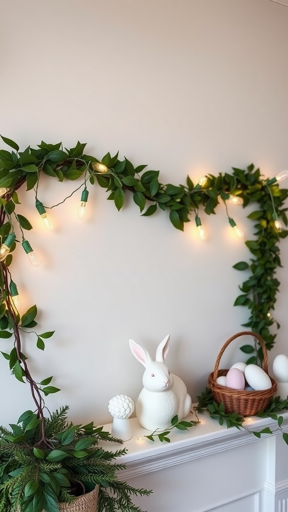 A cozy mantel decorated with spring greenery, twinkle lights, a white bunny, and a basket of colored eggs.