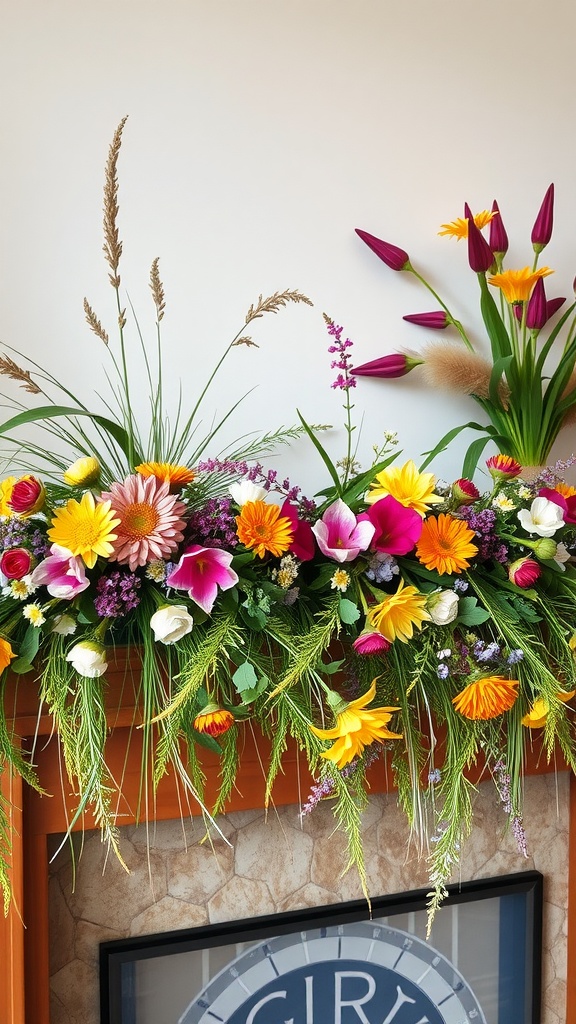 A colorful floral garland with pink, yellow, and white flowers, displayed on a mantle above a fireplace.