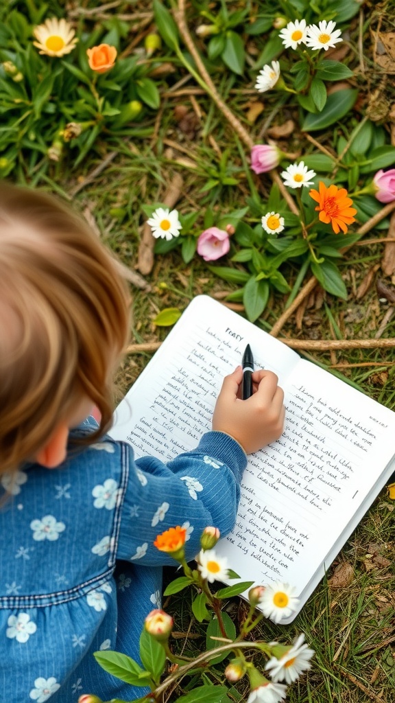 A child writing in a nature journal surrounded by blooming flowers.