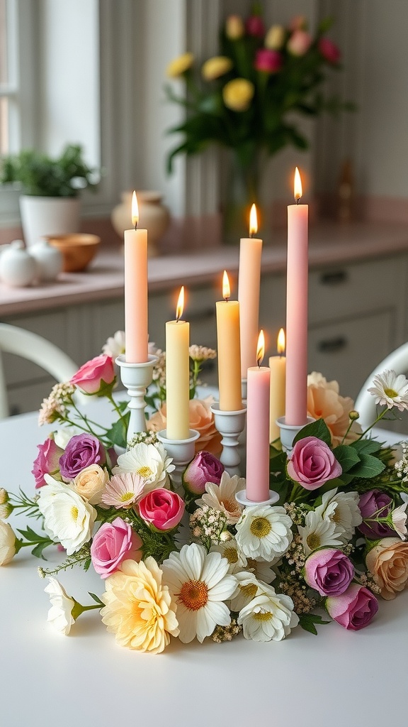 A spring themed candle arrangement with pastel candles and colorful flowers on a kitchen table.