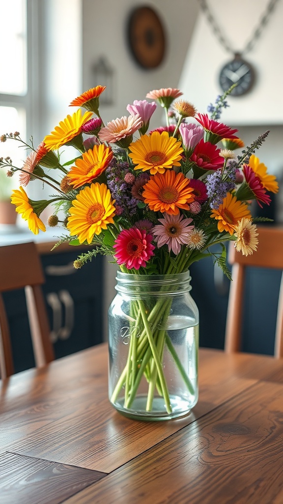 A colorful wildflower bouquet in a mason jar on a wooden kitchen table.