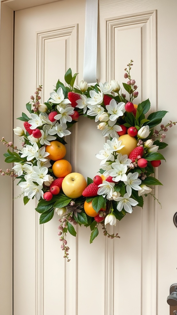 A vibrant spring wreath featuring fruits like strawberries and oranges, surrounded by white flowers, hanging on a door.