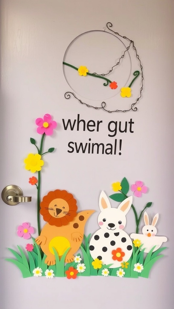 Colorful spring-themed door hanger with a lion, bunny, and chick surrounded by flowers.