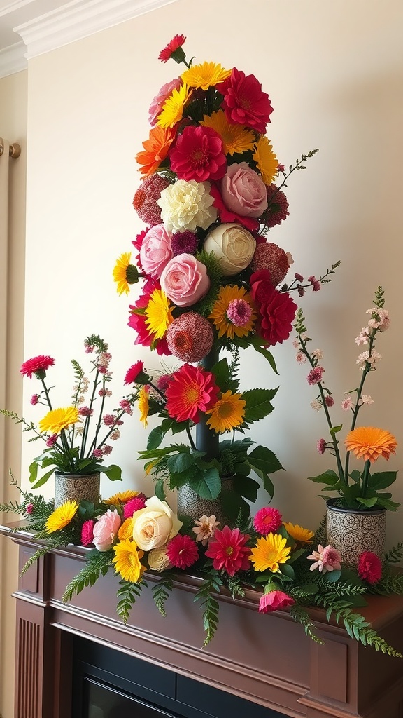 A colorful floral topiary arrangement with roses and daisies, displayed on a mantel.