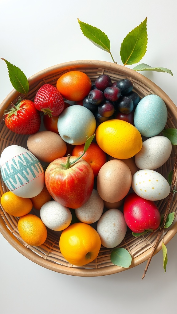 A decorative bowl filled with colorful fruit and Easter eggs.