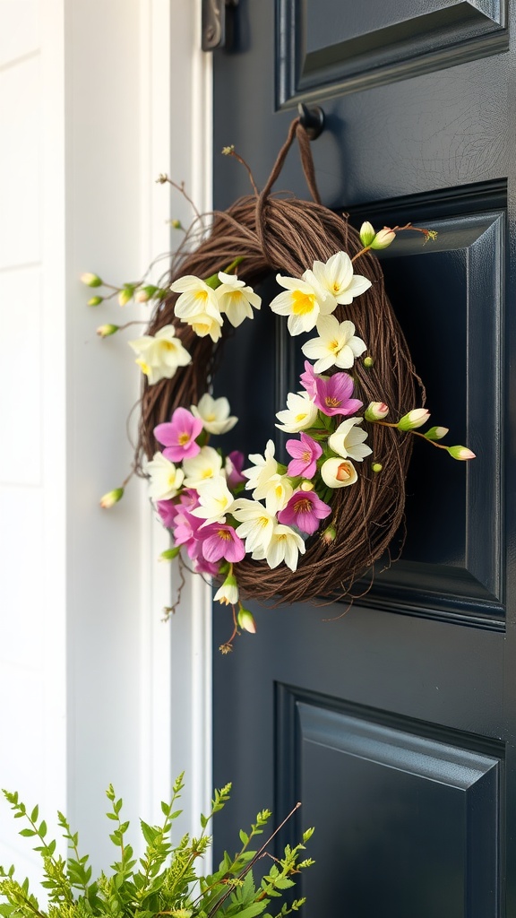 A springtime grapevine wreath with yellow and pink flowers hanging on a dark blue front door, accompanied by green ferns.