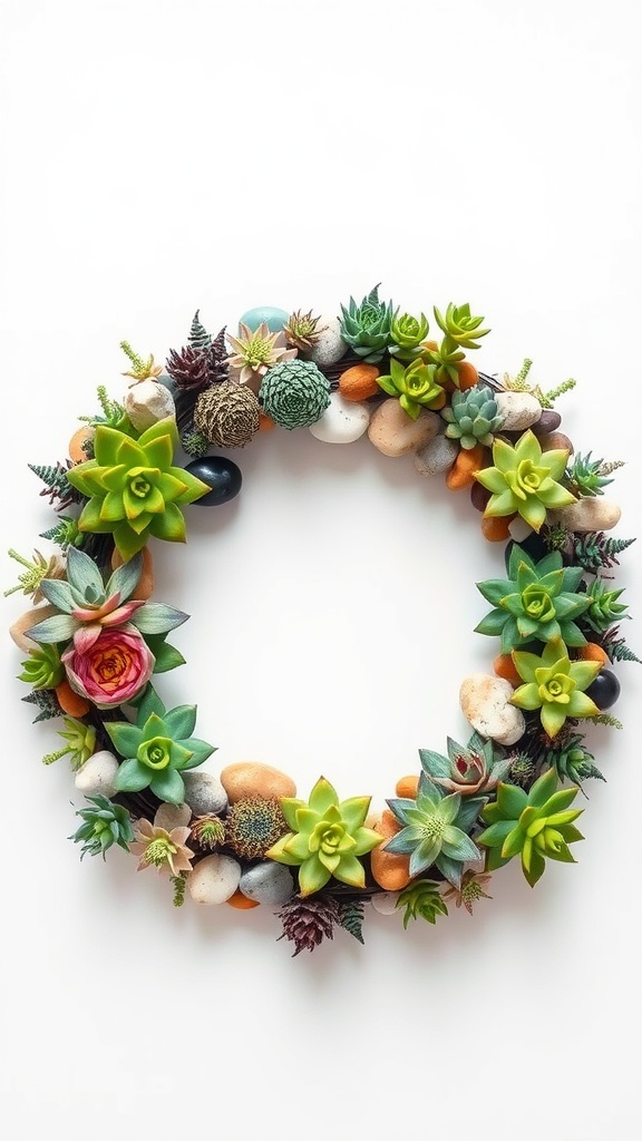 A circular wreath made of various succulents and stones, showcasing vibrant greens and soft pinks.