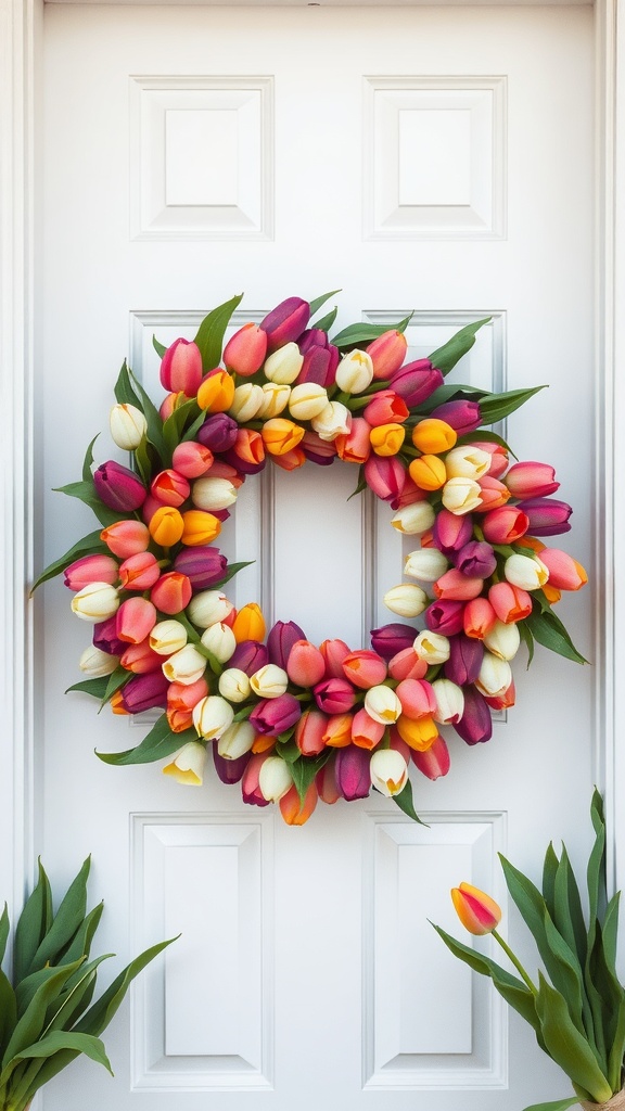 A vibrant wreath made of multicolored tulips hanging on a white door.