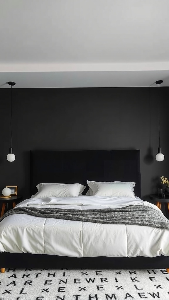 A modern black bedroom featuring a statement black headboard, white bedding, hanging lights, and a unique patterned rug.