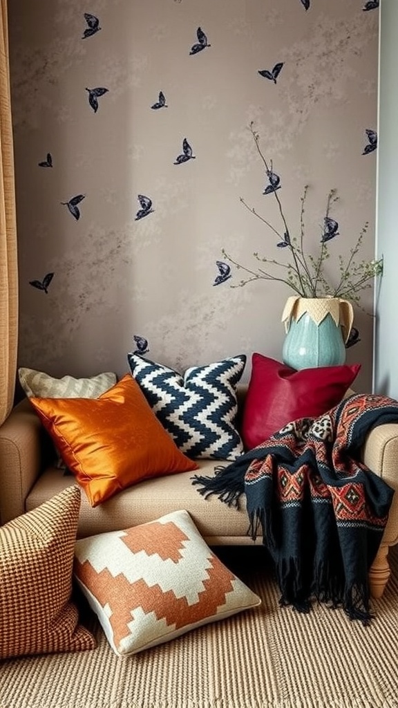 A cozy boho living room showcasing various colorful cushions and a patterned throw on a beige sofa.