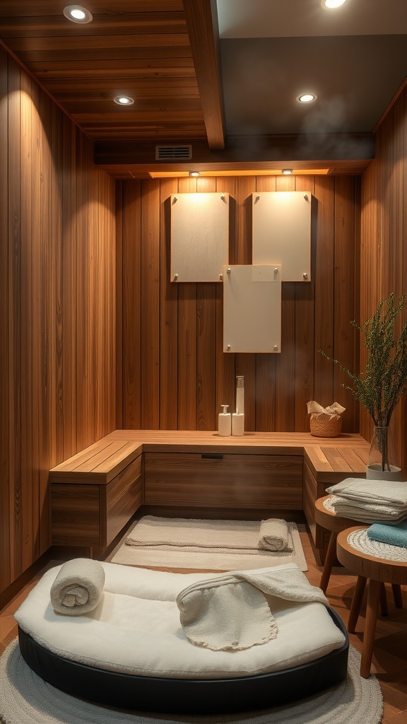 A stylish steam room with wooden paneling, soft lighting, and comfortable seating.