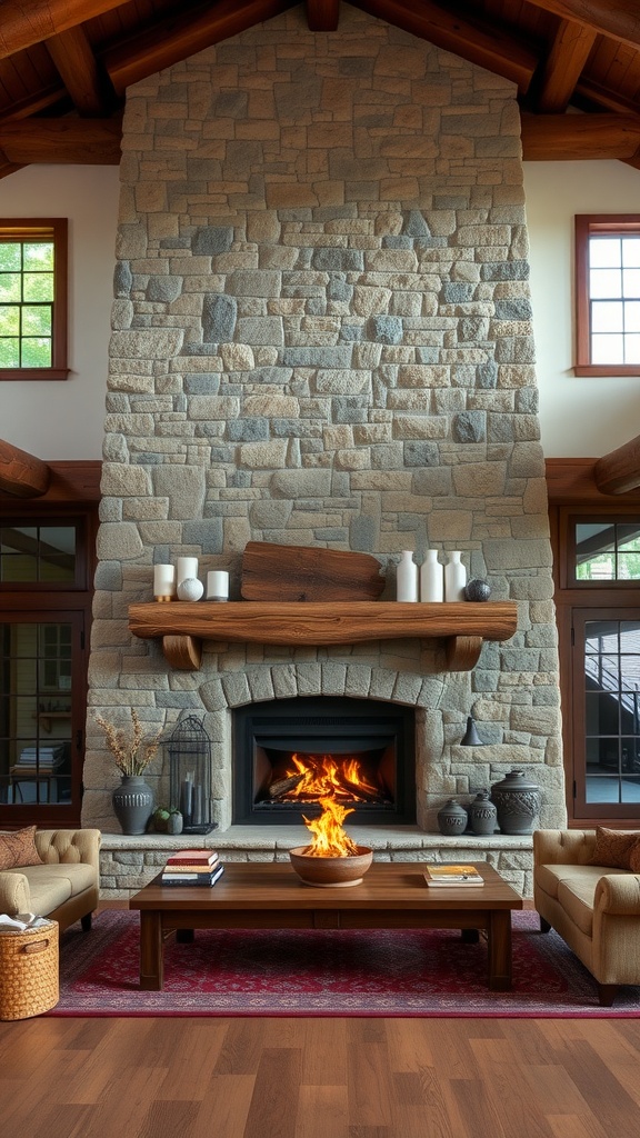 A cozy ranch-style living room featuring a stone fireplace as a centerpiece, surrounded by comfortable seating and natural decor.