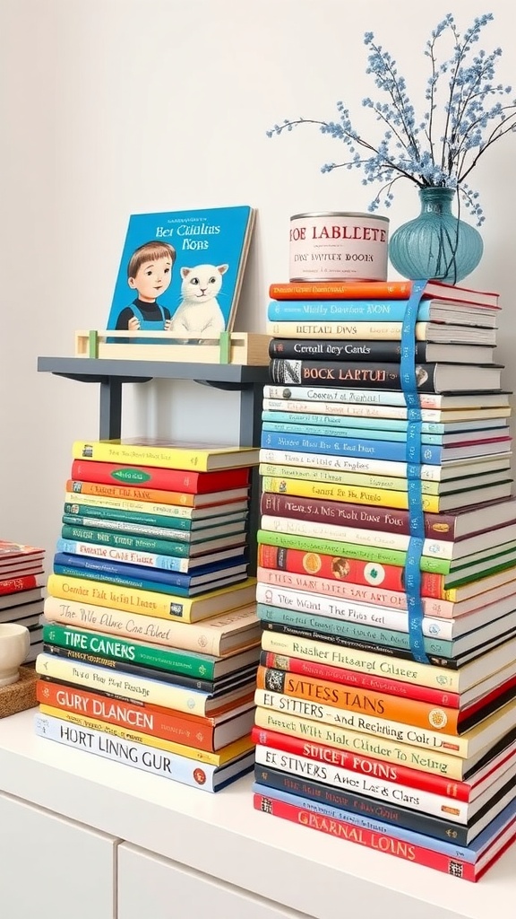 Colorful storybook display at a baby shower with books stacked and a vase of flowers.