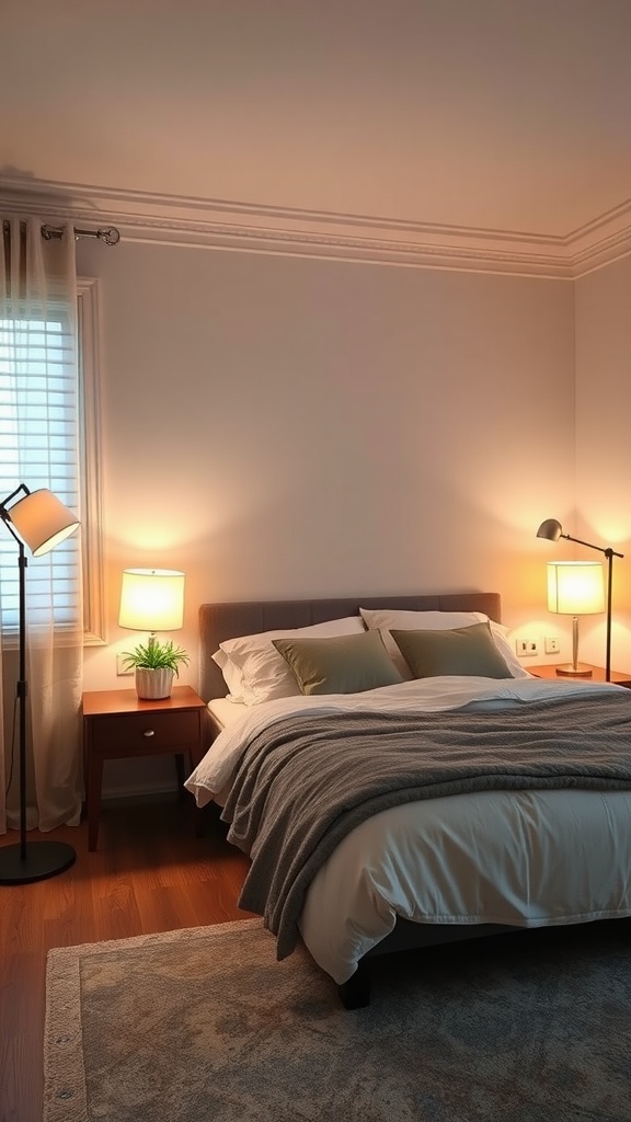 Cozy shared bedroom with strategically placed lighting including bedside table lamps and a floor lamp.