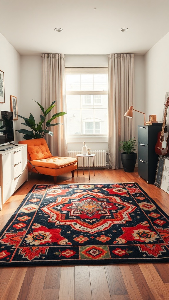 A stylish area rug in a dorm living room featuring vibrant patterns and colors.