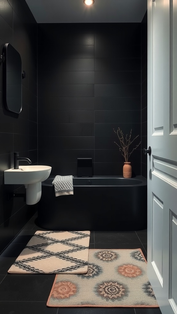 A small dark bathroom with stylish bath mats, featuring intricate patterns and contrasting colors.