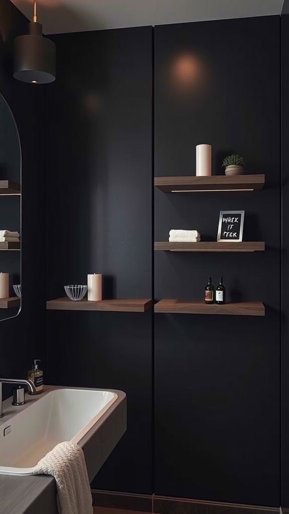 A dark bathroom featuring stylish wooden floating shelves against black walls, with a bathtub and decorative items.