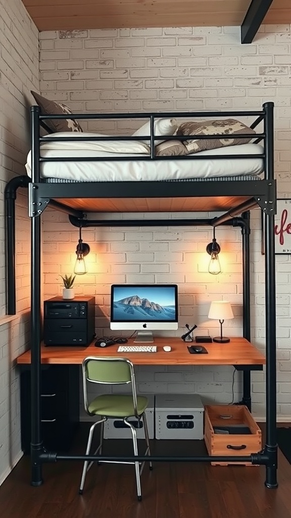 Stylish industrial loft bed design with workspace underneath, featuring a computer desk and ambient lighting.