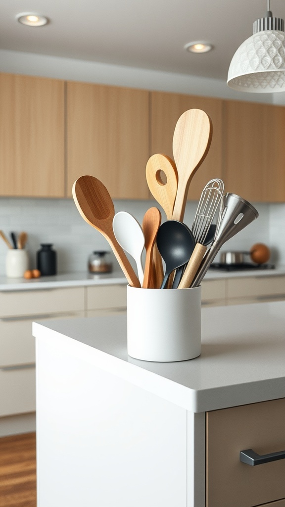 A stylish utensil holder filled with a variety of kitchen utensils, set on a kitchen island.