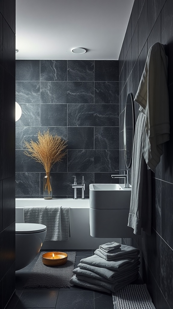 A dark textured bathroom featuring slate tiles, a modern sink, and cozy decor.