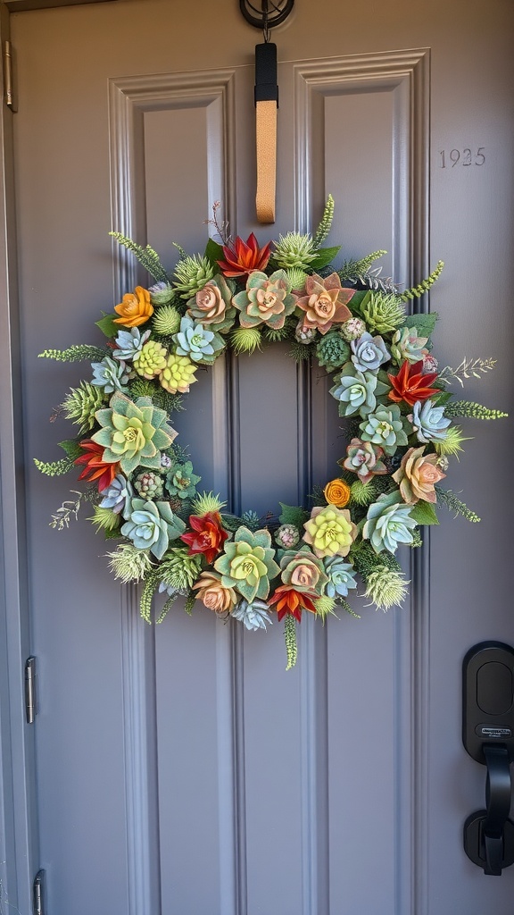 A colorful succulent and cactus wreath hanging on a front door.