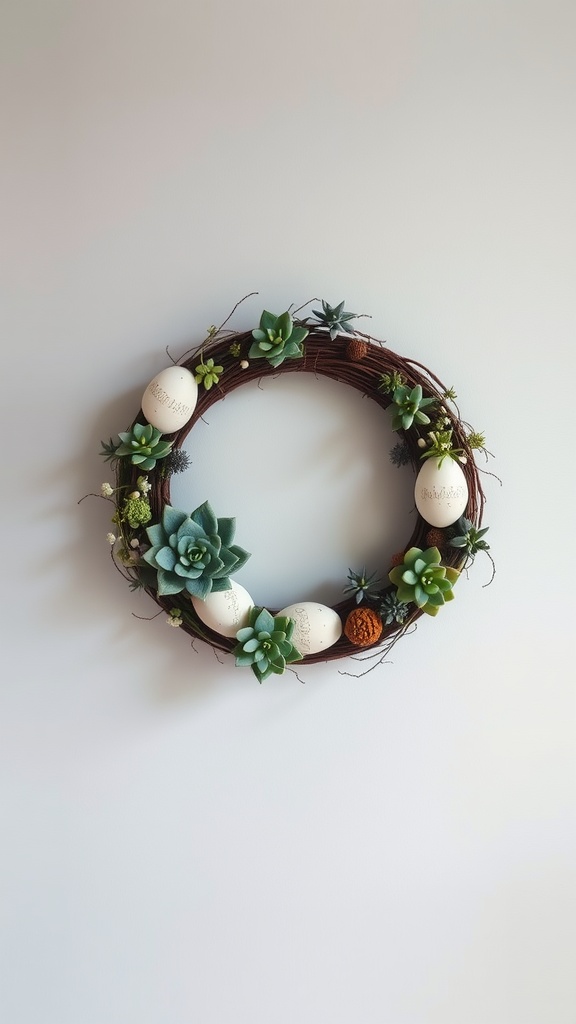 A wreath made of twigs featuring succulents and decorative eggs, showcasing a blend of nature and spring decor.