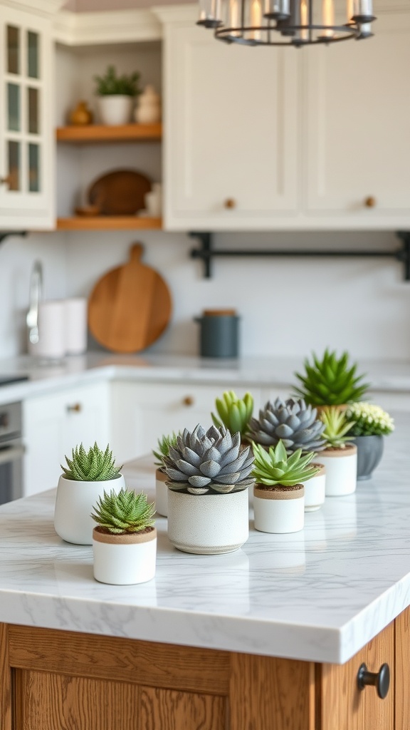 A variety of succulent arrangements on a kitchen island with light marble countertop.