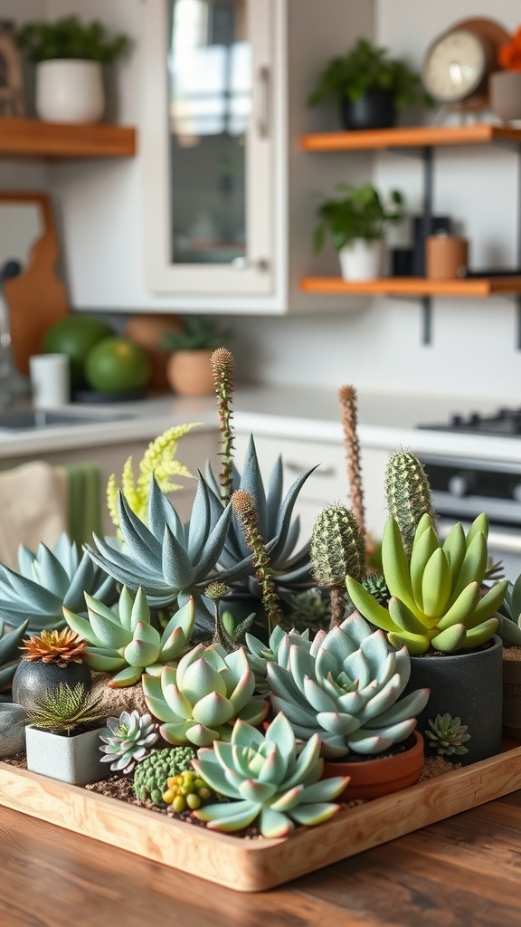 A collection of various succulents arranged in a wooden tray on a kitchen table, showcasing different shapes and colors.