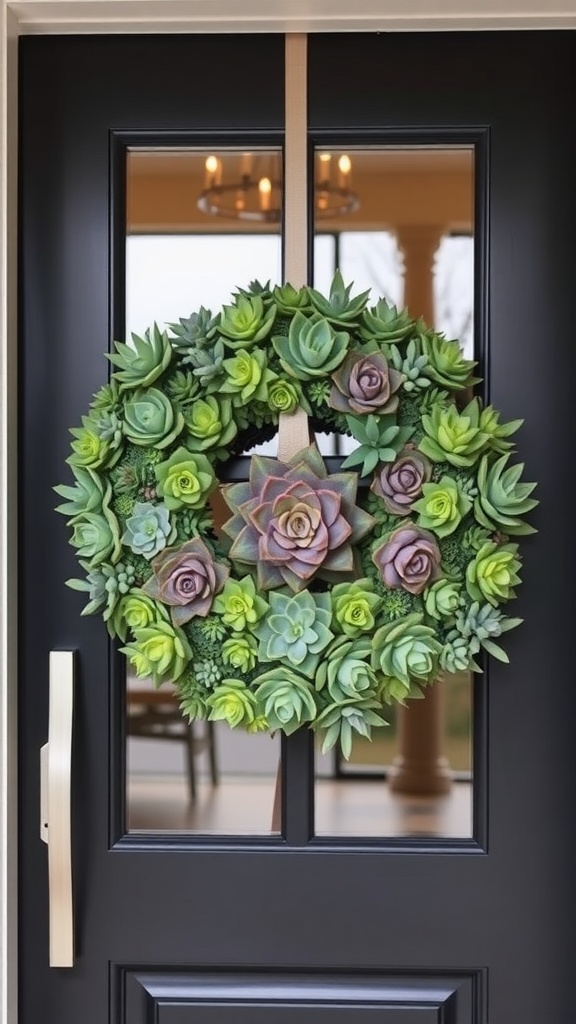 A lush succulent wreath with various shades of green and hints of purple and pink, hanging on a black door.